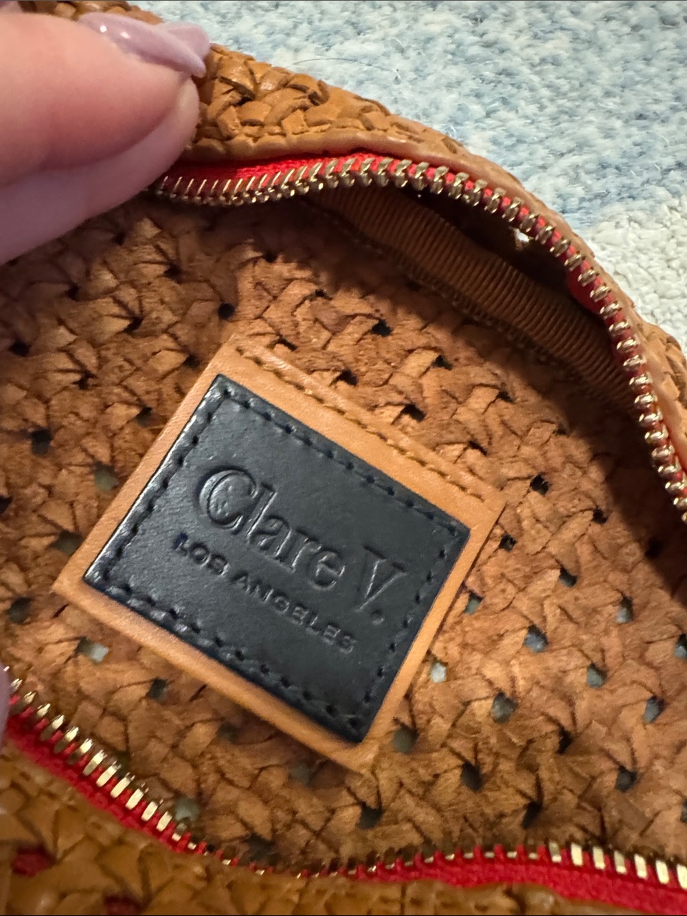 Clare V Woven Half Moon Fanny Pack in Tan with Red Zipper - Picture 2 of 6